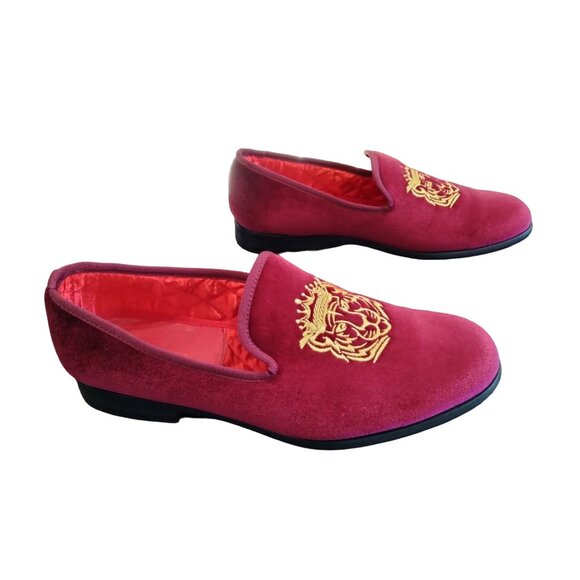 Elanroman Mens Rich Red Velvet Loafers Size 44 (10) Embroidered Tiger Design - Picture 5 of 13